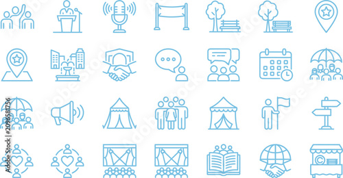 Bild auf Leinwand A collection of blue line art vector icons representing various community and so