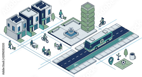 Isometric Eco Friendly Sustainable Smart City Map Segment with Solar Panel Houses Electric Bus Bike Lane Town Plaza and People Enjoying Outdoor Lifestyle
