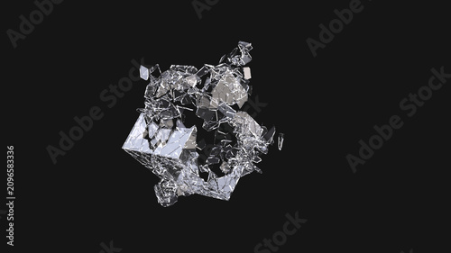 Broken glass cube - broken glass elements on dark environment - 3D Illustration