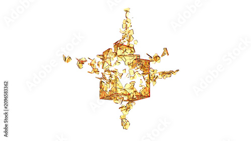 Orange broken glass shapes - glass cube broken into hundreds of pieces - 3D Illustration