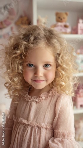 Girl with curly hair smiles in a light room filled with toys and decorations during daytime