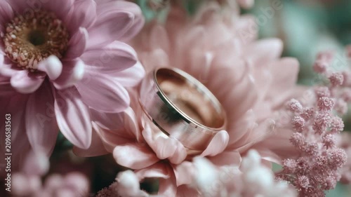 Golden ring placed on pink flowers during a wedding celebration in a garden setting in the afternoon light