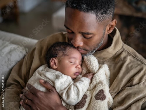 Father holds baby in arms while embracing a soft blanket in a cozy living room during the day