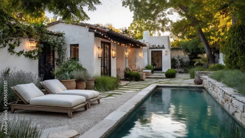 Relaxing outdoor space with a pool and lounge chairs in a sunny garden setting