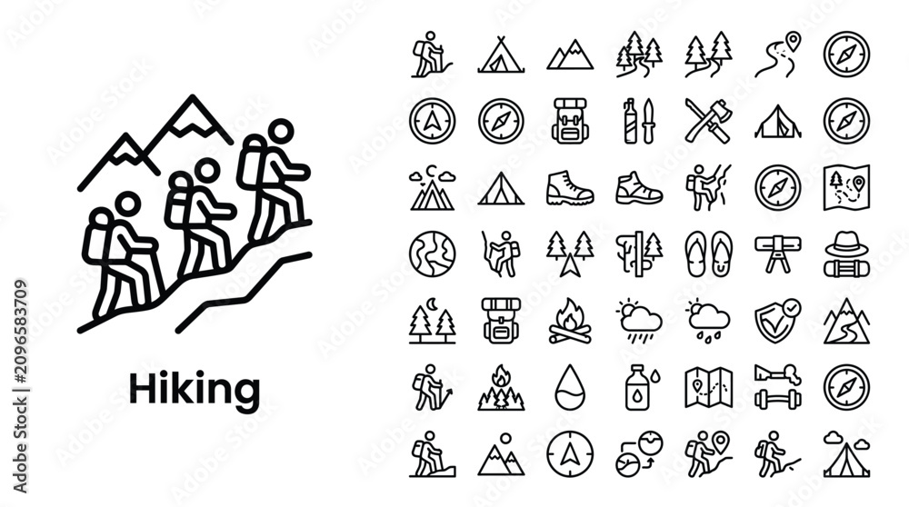 Fototapeta premium Hiking and camping line icons set, vector illustration of outdoor activities and adventure equipment