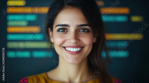 Smiling woman stands in front of colorful digital display during a workshop on technology and innovation