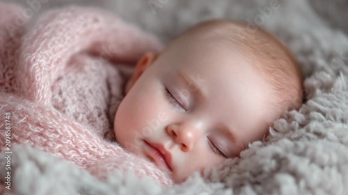 Sleeping baby wrapped in soft blanket in cozy room during afternoon nap