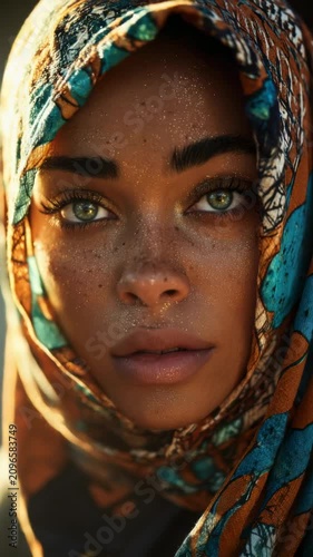 Beautiful woman wears a colorful scarf and shows her unique features in bright light during outdoor event