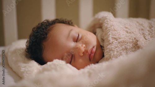Baby sleeps soundly in crib under soft blanket during the night in a cozy room