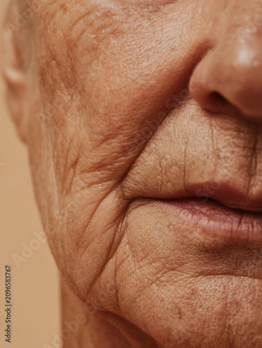 Close-up view of an elderly woman's face showing wrinkles and skin texture in a neutral setting