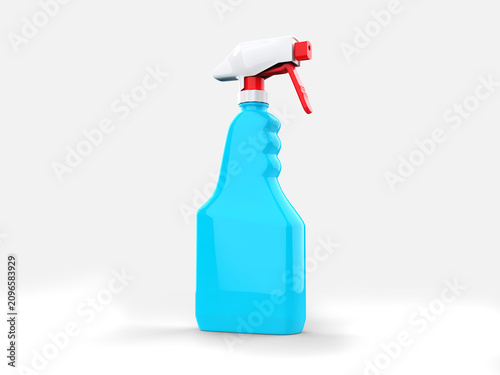 Blue spray bottle without labels, with white top and red spray cap and red handle - 3D Illustration