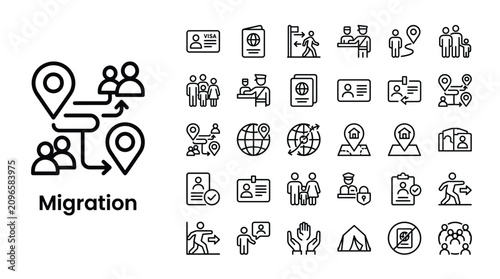 Foto Set of migration line icons vector illustration of immigration, emigration, refu