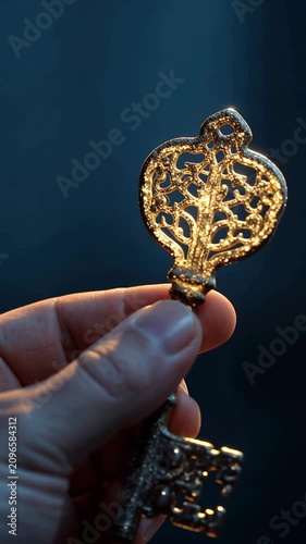 Key held in hand is shown in light against a dark background during a quiet moment at twilight