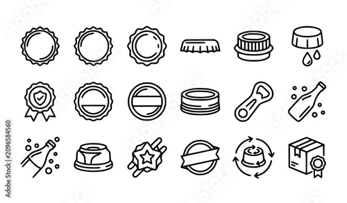 Fotografía Bottle cap vector icon set featuring aluminum crown cap beverage packaging blank