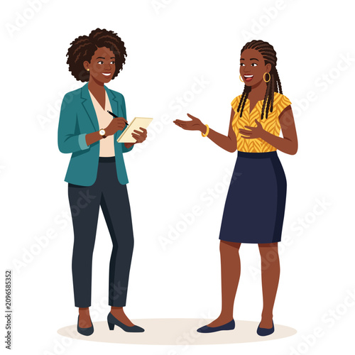 Smiling African female professional in teal blazer taking notes on notepad during customer feedback interview with a woman flat vector illustration