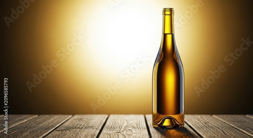 A sleek yellow glass wine bottle stands elegantly on a dark rustic wooden surface against a soft golden sunlight background in a cellar, surface, cork, wine