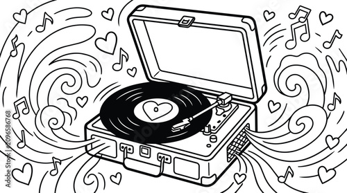 Turntable with vinyl record and swirling hearts and musical notes