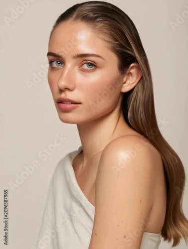 Model poses in studio against simple background while showing natural beauty and skin care