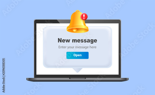 Computer screen with notification popup. Alert bell and message dialog for email communication