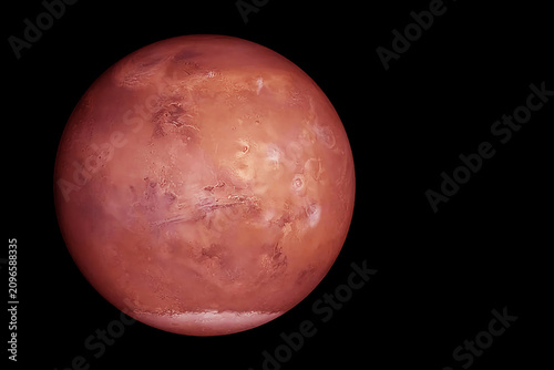 Mars, the red planet, shines against the dark void of space. Elements of this image furnished by NASA