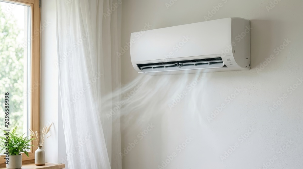 Obraz premium Wall mounted split air conditioner blowing cool air in a bright room. White indoor AC unit with visible breeze streams. Home ventilation and cooling concept