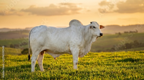 Elegant white Nelore bull grazing in a lush pasture at sunset