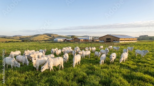 Herd of white Nelore cattle grazing peacefully in a lush green pasture at sunrise