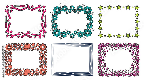 Fotografía Hand-Drawn Industrial Tools and Gears Colorful Frame Doodle Set - Creative Decor
