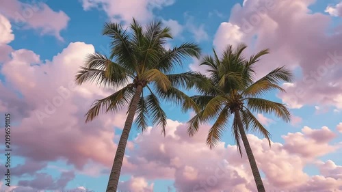 Palm Trees Against Blue Sky With Pink Clouds Tropical Paradise