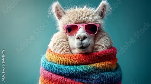 Funny Alpaca Wearing Pink Sunglasses And Rainbow Knit Scarf