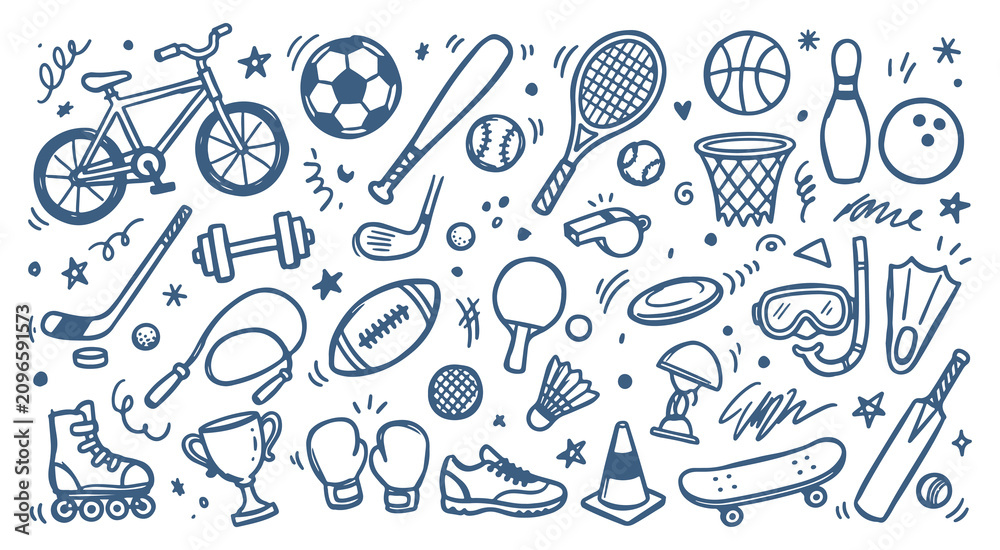 Fototapeta premium Hand drawn doodle icon set of various sports and leisure activities including balls equipment and outdoor gear in a minimalist vector style