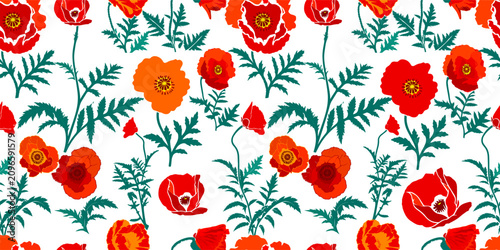 Red poppy seamless pattern . Hand drawn. Not AI, vector illustration.