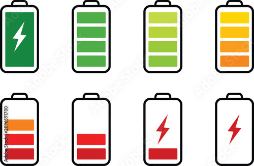 Schilderij op canvas Battery charge level indicators in vector silhouette against a white background