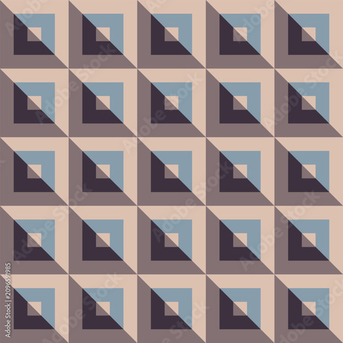 Seamless pattern created from sand and blue, and taupe and brown, striped triangles