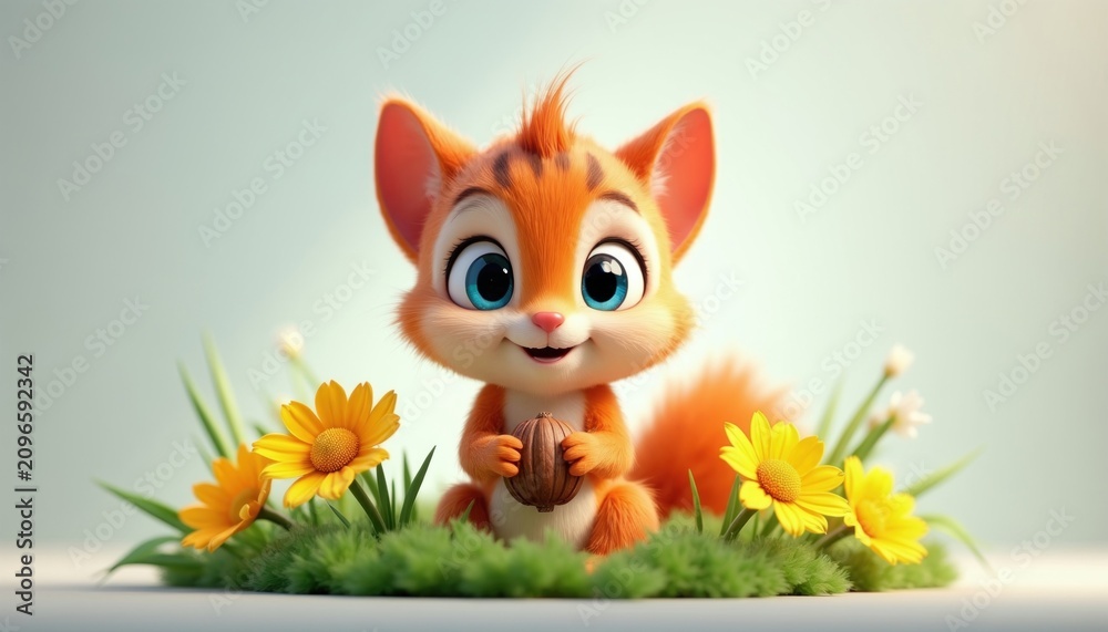 Fototapeta premium Cute cartoon fox cub sits holding acorn. Small fluffy animal with big blue eyes and orange fur among green grass and yellow flowers. Whimsical forest creature with bushy tail smiles joyfully.
