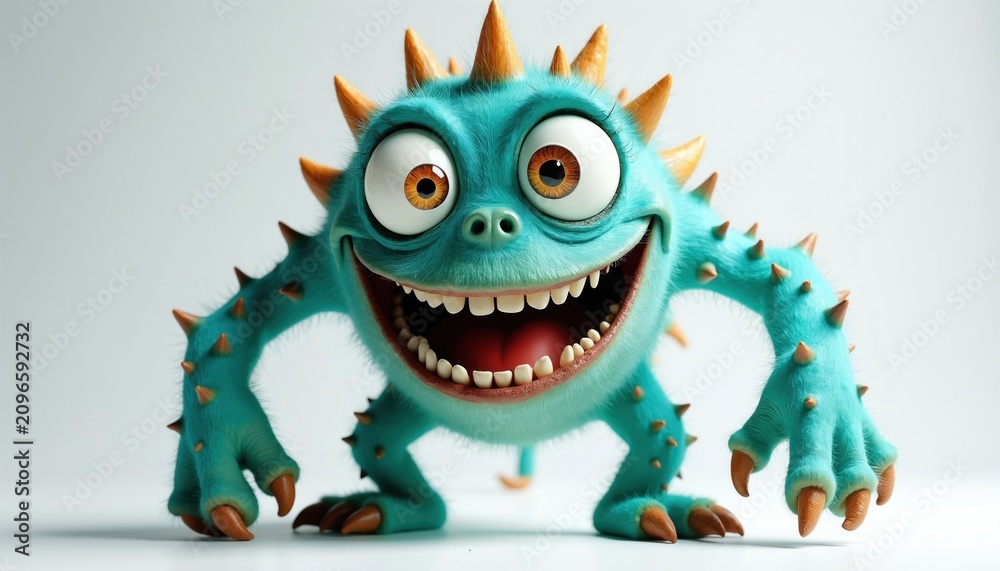 Fototapeta premium Funny cartoon monster with turquoise fuzzy skin and orange spikes. Creature has big googly eyes and wide open mouth showing many teeth. Character poses on white studio background.