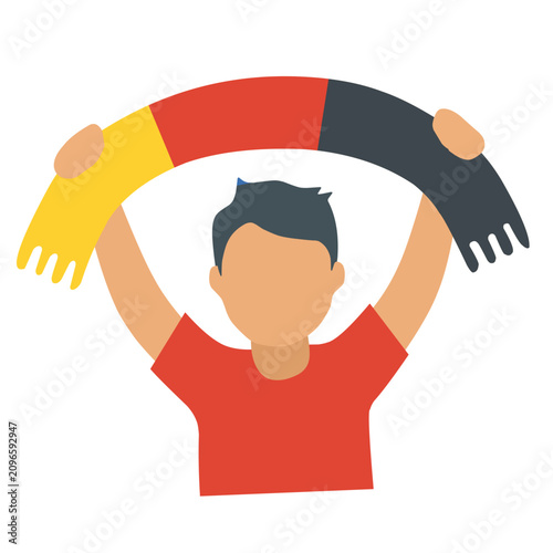 Flat football supporter icon holding team scarf, representing soccer fans, cheering audience, stadium atmosphere and sports enthusiasm isolated on white background