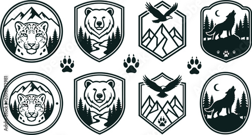 Konstfotografi Wild animal retro logo badge design elements set featuring mountains and forest