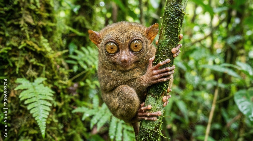 Fototapeta premium Close-up of a Tarsier Monkey with Large Eyes in a Lush Green Forest.