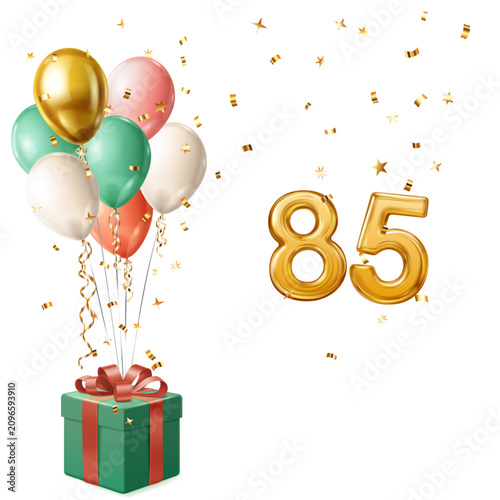 A festive celebration scene with colorful balloons, a wrapped gift, and large gold 85 digits floating among confetti.