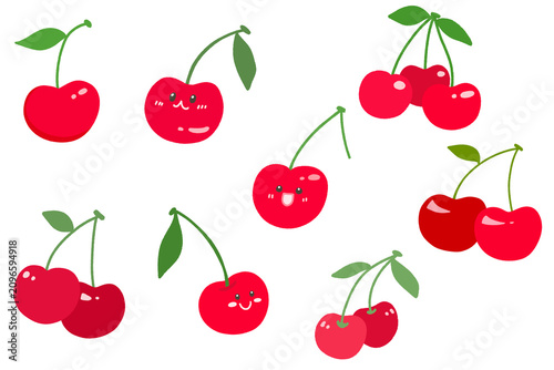 Cute Cherry Clipart Set, Kawaii Cartoon Red Cherries Collection