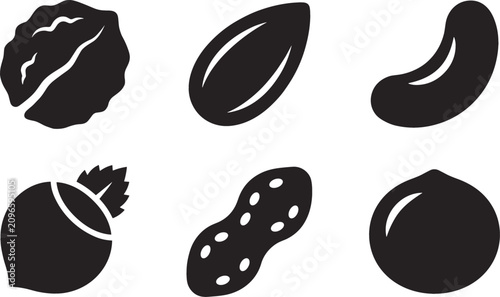 Bild auf Leinwand Healthy Nuts and Superfood Silhouette Icon Set with Walnut, Almond, Cashew, Haze