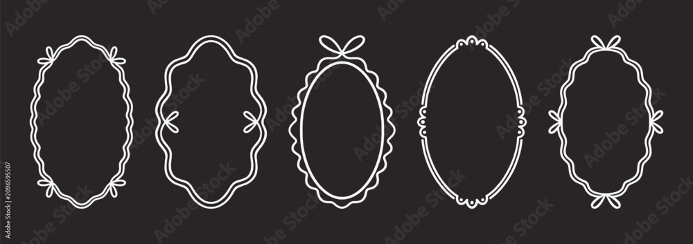 Fototapeta premium Frames set with white hand drawn ribbons and bows, black background. Crayon oval borders in coquette style, scalloped edge. Decorative outline graphic elements, perfect for wedding cards.