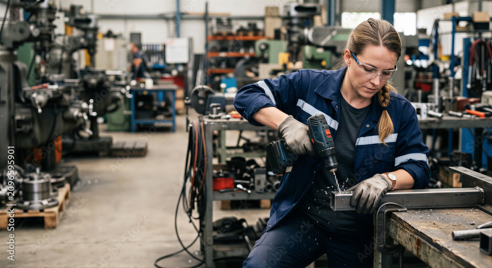 Obraz premium Female Factory Technician Operating Industrial Machinery