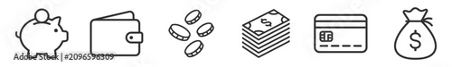 Konstfotografi set of financial icons including piggy bank, wallet, coins, cash stack, credit c