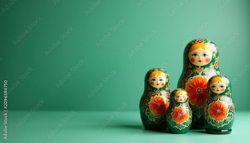 Obraz premium Set of green wooden matryoshka dolls standing on smooth surface against soft solid background. Traditional Russian nesting toys feature intricate floral patterns, hand painted faces. Decorative folk