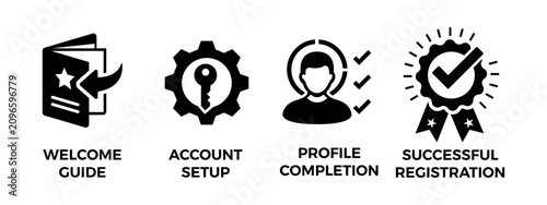 Onboarding process icons welcome setup profile and registration completion