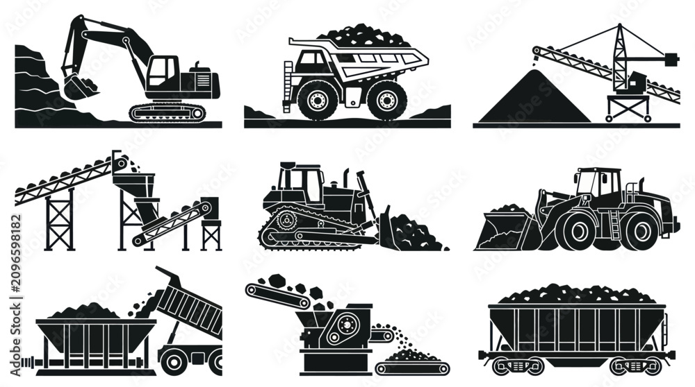 Fototapeta premium including coal excavator loaded haul truck coal stockpile conveyor transfer station dozer pushing coal wheel loader loading coal dump hopper crushing station and coal train wagon.