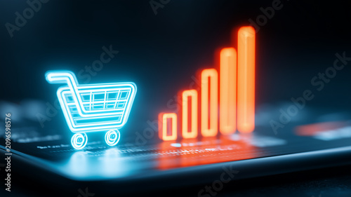Shopping cart beside a rising bar chart on a digital device, representing retail growth, sales analytics, and online commerce success.
