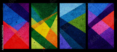 Halftone risograph vector graphic with geometric shapes and overlapping colorful patterns. Abstract background texture for artistic design and modern print style digital composition.